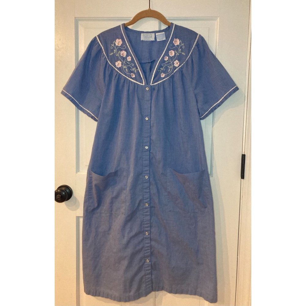 Vintage 90s Ashley Taylor Embroidered Nightgown House Dress Denim Blue